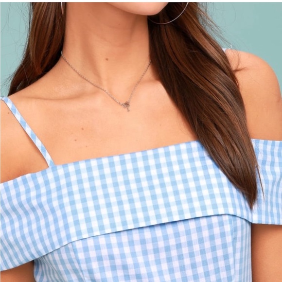 Lulu’s x re:named Blue Gingham Off the Shoulder Spaghetti Strap Summer Dress - Picture 4 of 7